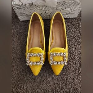 Chase + Chloe Yellow Pointed-Toe Flats with Jeweled Buckle Accent